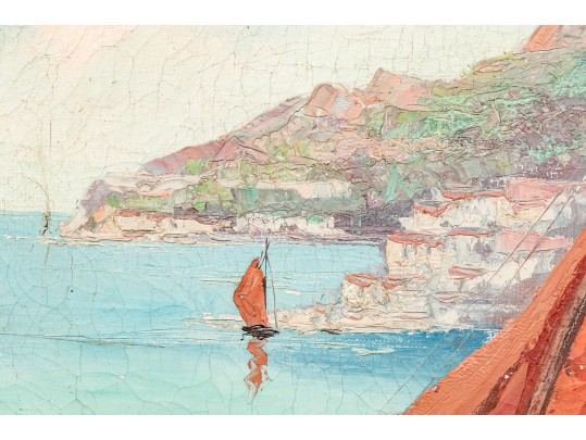 Giovanni Camprio (Italy, 1915-1999) Oil On Canvas, Mediterranean Shore With Sailboats