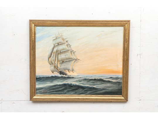 Antique Oil On Canvas, Clipper Ship Ca. 1936, Signed Philipps