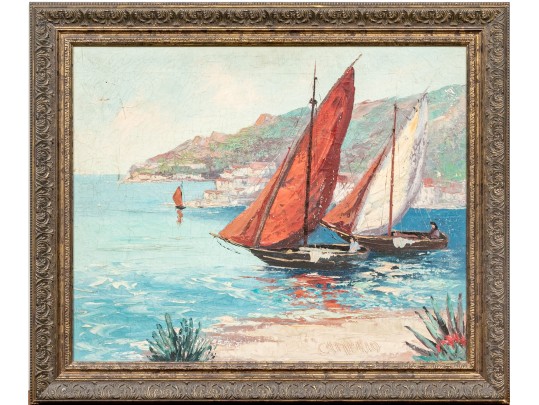 Giovanni Camprio (Italy, 1915-1999) Oil On Canvas, Mediterranean Shore With Sailboats