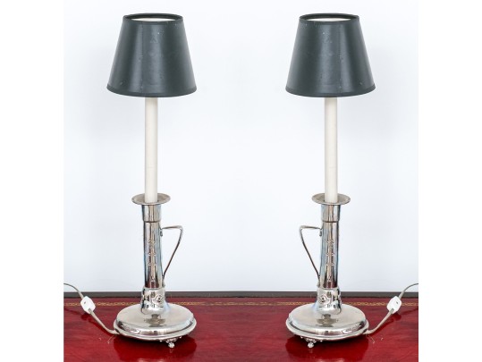 Metallic Candlesticks Mounted As Lamps