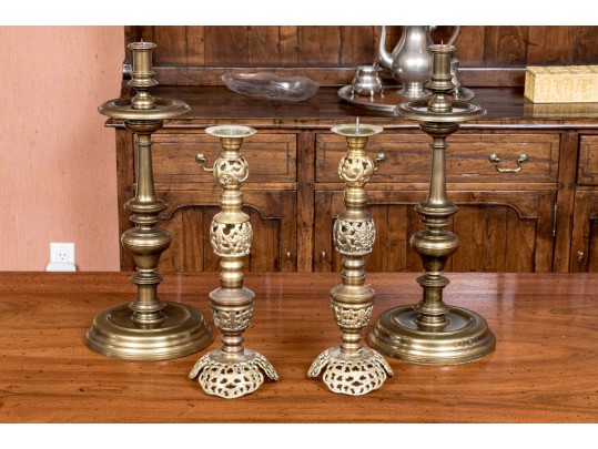 Collection Of 4 Brass Candlesticks, Including Two Pairs