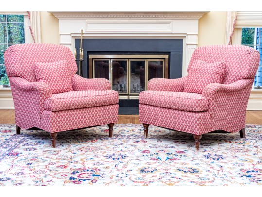 Lovely Pair Of Custom Upholstered Club Chairs With Accent Pillows