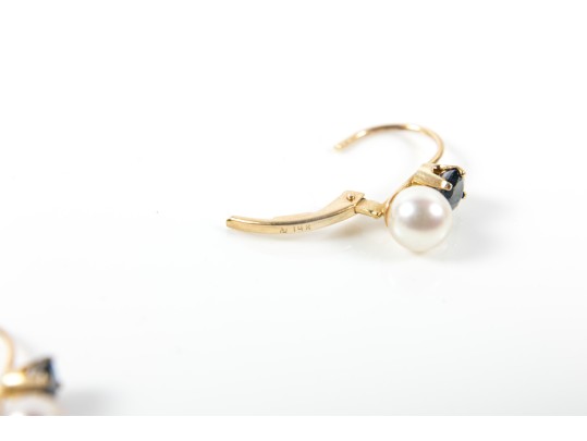 Pretty 14k Yellow Gold Cultured Pearl And Blue Topaz Drop Earrings