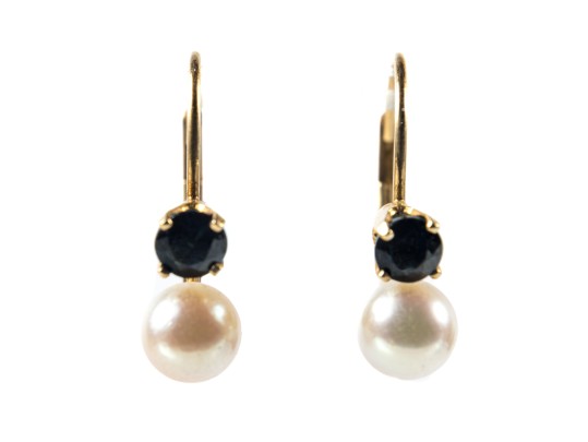 Pretty 14k Yellow Gold Cultured Pearl And Blue Topaz Drop Earrings