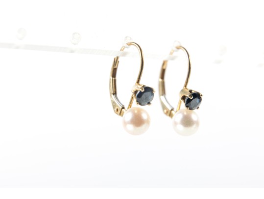 Pretty 14k Yellow Gold Cultured Pearl And Blue Topaz Drop Earrings