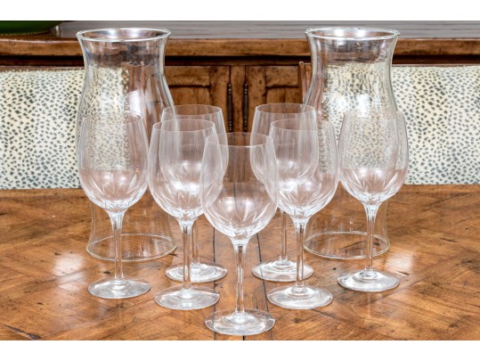 Collection Of Tiffany & Co Glass Wine Glasses With Pair Of Glass Hurricane Shades