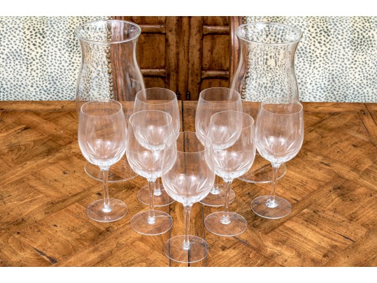 Collection Of Tiffany & Co Glass Wine Glasses With Pair Of Glass Hurricane Shades