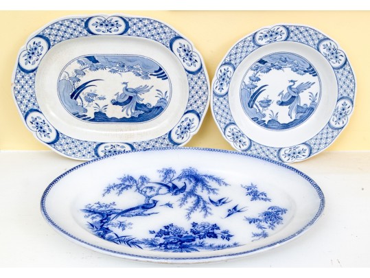 Three English Stoneware Blue And White Serving Wares