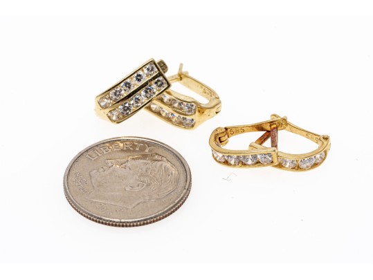 Lot Of Two 14k Yellow Gold And CZ Small Hinged Hoop Style Earrings