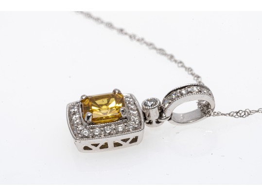 18k Gold Pretty Ornate Yellow Sapphire And Diamond Halo Pendant, With Chain