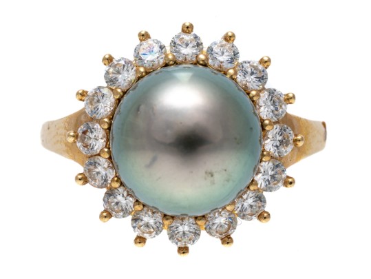 14k Yellow Gold Striking Grey Cultured Freshwater Pearl And CZ Halo Ring, Size 8