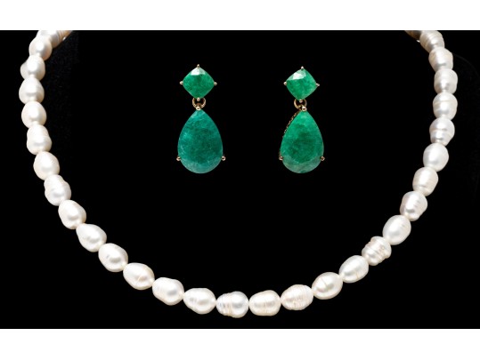 Sterling Pearl Necklace And Emerald Pendant Earrings