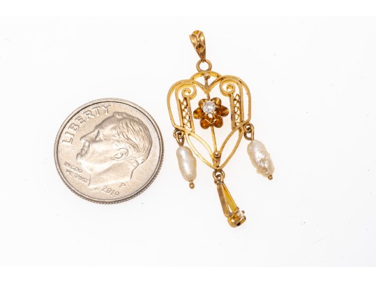 14k Yellow Gold Lovely Filigree Lavaliere Pendant, With Cultured Freshwater Pearls And Diamonds