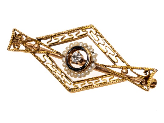 10k Yellow Gold Lovely Antique Seed Pearl And Diamond Filigre Brooch, App. 0.02 TCW