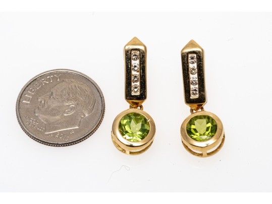14K Yellow Gold Contemporary Peridot And Diamond Drop Earrings