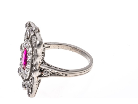 Platinum Vintage Old European Diamond And Synthetic Pink Sapphire Ring, Size 7+