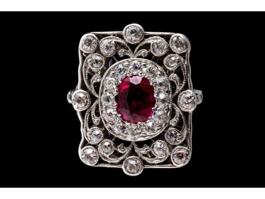 Platinum Vintage Old European Diamond And Synthetic Pink Sapphire Ring, Size 7+