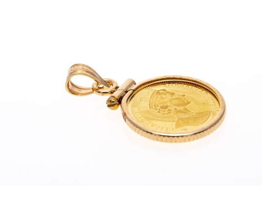 14k Yellow Gold Tasteful Gibralter 1/25 Oz Queen Elizabeth II/Cherub Coin Pendant