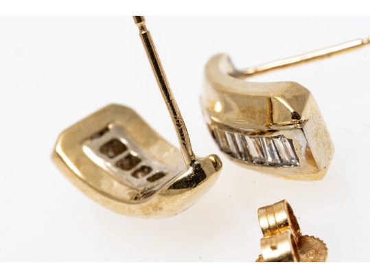 14k Yellow Gold Contemporary Baguette Diamond Channel Set Earrings, App. 0.18 TCW