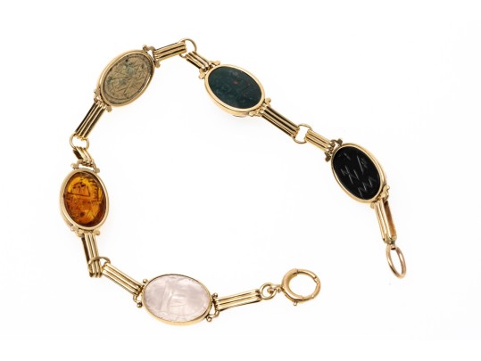 Stunning 14K And Carved Hardstone Scarab Bracelet