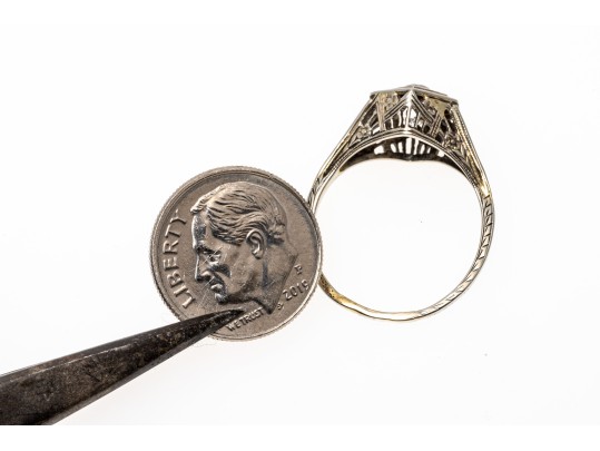 14k White Gold Pretty Vintage White Sapphire Filigree Solitaire Ring, Size 7.25