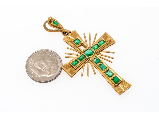 18k Yellow Gold Impactful Emerald Set Cross, Approximately 0.86 TCW