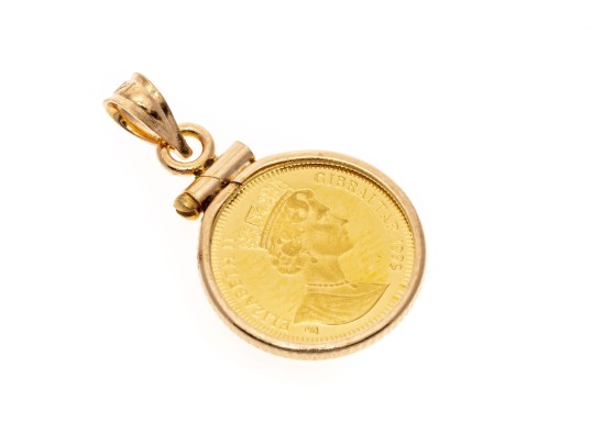 14k Yellow Gold Tasteful Gibralter 1/25 Oz Queen Elizabeth II/Cherub Coin Pendant