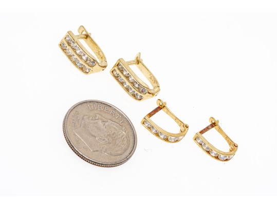 Lot Of Two 14k Yellow Gold And CZ Small Hinged Hoop Style Earrings