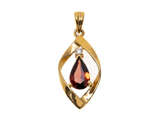 14k Yellow Gold Lovely Pear Garnet And Diamond Topped Swirl Pendant