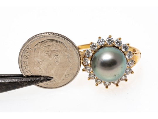14k Yellow Gold Striking Grey Cultured Freshwater Pearl And CZ Halo Ring, Size 8