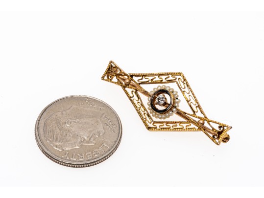 10k Yellow Gold Lovely Antique Seed Pearl And Diamond Filigre Brooch, App. 0.02 TCW