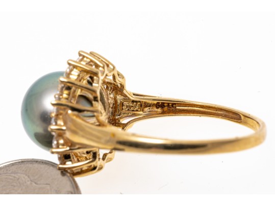 14k Yellow Gold Striking Grey Cultured Freshwater Pearl And CZ Halo Ring, Size 8
