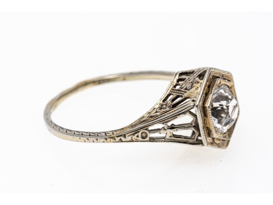 14k White Gold Pretty Vintage White Sapphire Filigree Solitaire Ring, Size 7.25