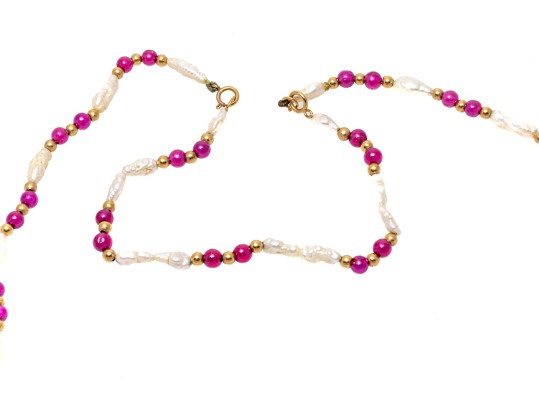Strung Necklace And Bracelet Set, Keshi Pearls With Ruby And 14K Beads