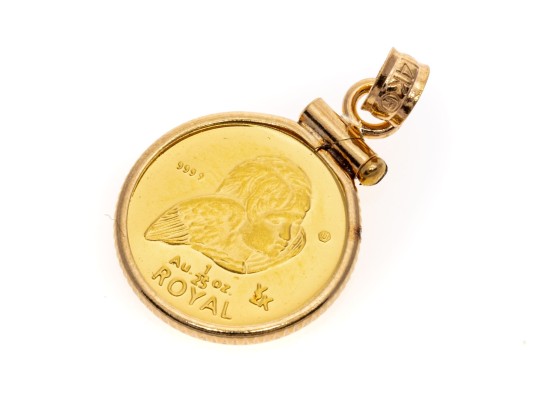 14k Yellow Gold Tasteful Gibralter 1/25 Oz Queen Elizabeth II/Cherub Coin Pendant
