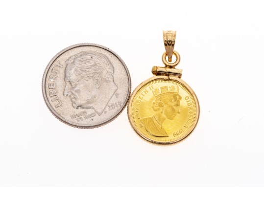 14k Yellow Gold Tasteful Gibralter 1/25 Oz Queen Elizabeth II/Cherub Coin Pendant