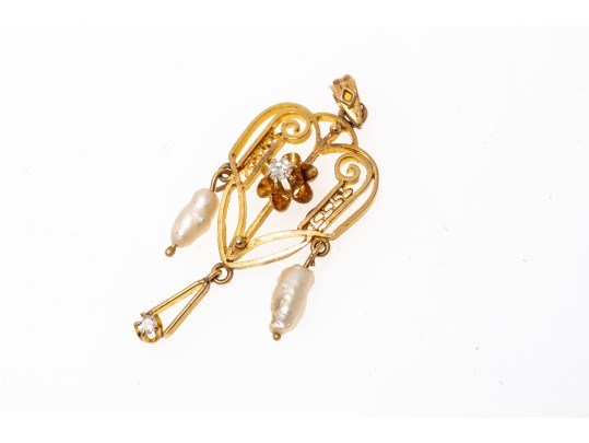 14k Yellow Gold Lovely Filigree Lavaliere Pendant, With Cultured Freshwater Pearls And Diamonds
