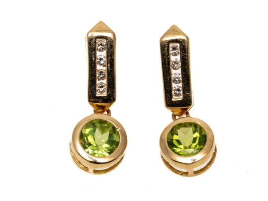 14K Yellow Gold Contemporary Peridot And Diamond Drop Earrings