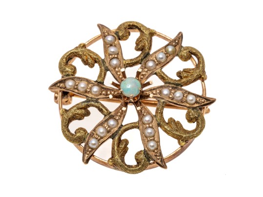 10k Yellow Gold Pretty Antique Seed Pearl And White Opal Circle Brooch