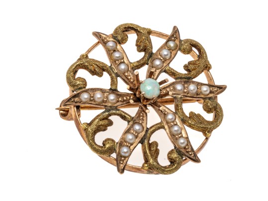 10k Yellow Gold Pretty Antique Seed Pearl And White Opal Circle Brooch
