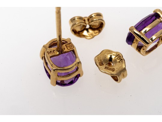 14K Yellow Gold Pretty Oval Faceted Amethyst Stud Earrings