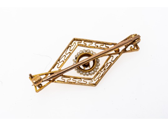 10k Yellow Gold Lovely Antique Seed Pearl And Diamond Filigre Brooch, App. 0.02 TCW