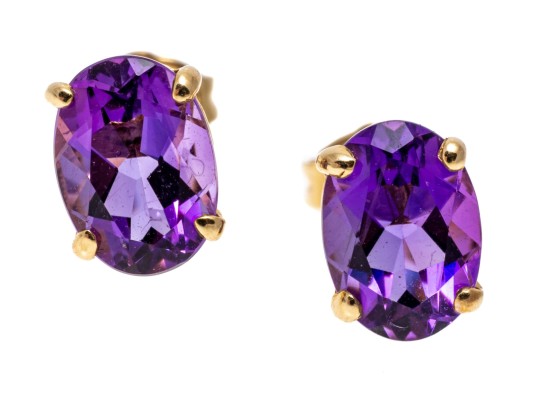 14K Yellow Gold Pretty Oval Faceted Amethyst Stud Earrings