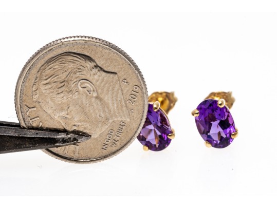 14K Yellow Gold Pretty Oval Faceted Amethyst Stud Earrings