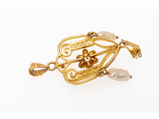 14k Yellow Gold Lovely Filigree Lavaliere Pendant, With Cultured Freshwater Pearls And Diamonds