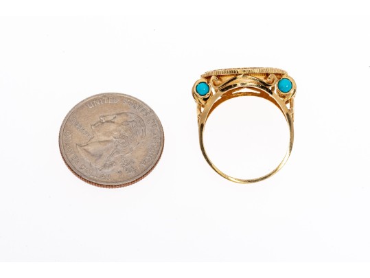 14K Yellow Gold Greek Revival Gold Liberty 1/20 $5 Coin Ring With Cabachon Turquoise, Ring Size 10