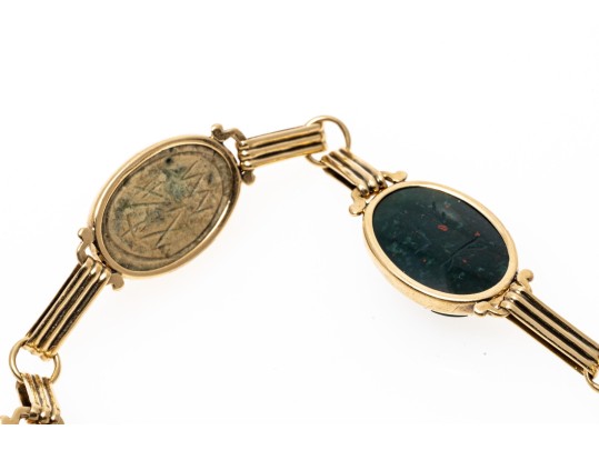 Stunning 14K And Carved Hardstone Scarab Bracelet