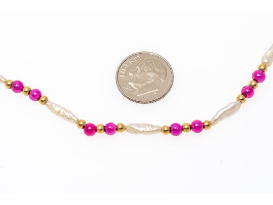 Strung Necklace And Bracelet Set, Keshi Pearls With Ruby And 14K Beads