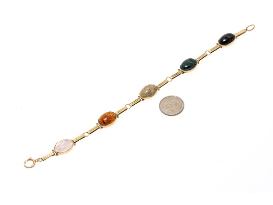 Stunning 14K And Carved Hardstone Scarab Bracelet