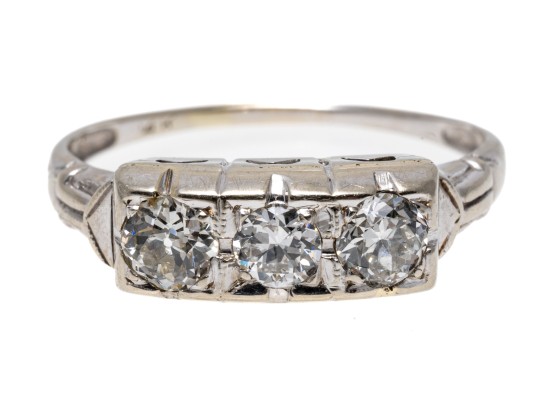 Vintage 14K White Gold Old European Cut Diamond Ring, Size 7+